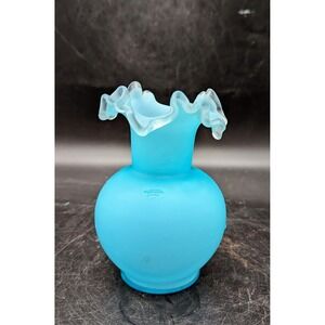 Antique Victorian Blue Satin Glass Ruffled Bud Vase 5.5" Silver Crest